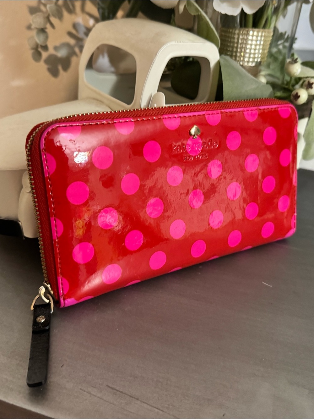 Kate Spade Red Patent Long Wallet with Pink Polka Dots - GUC